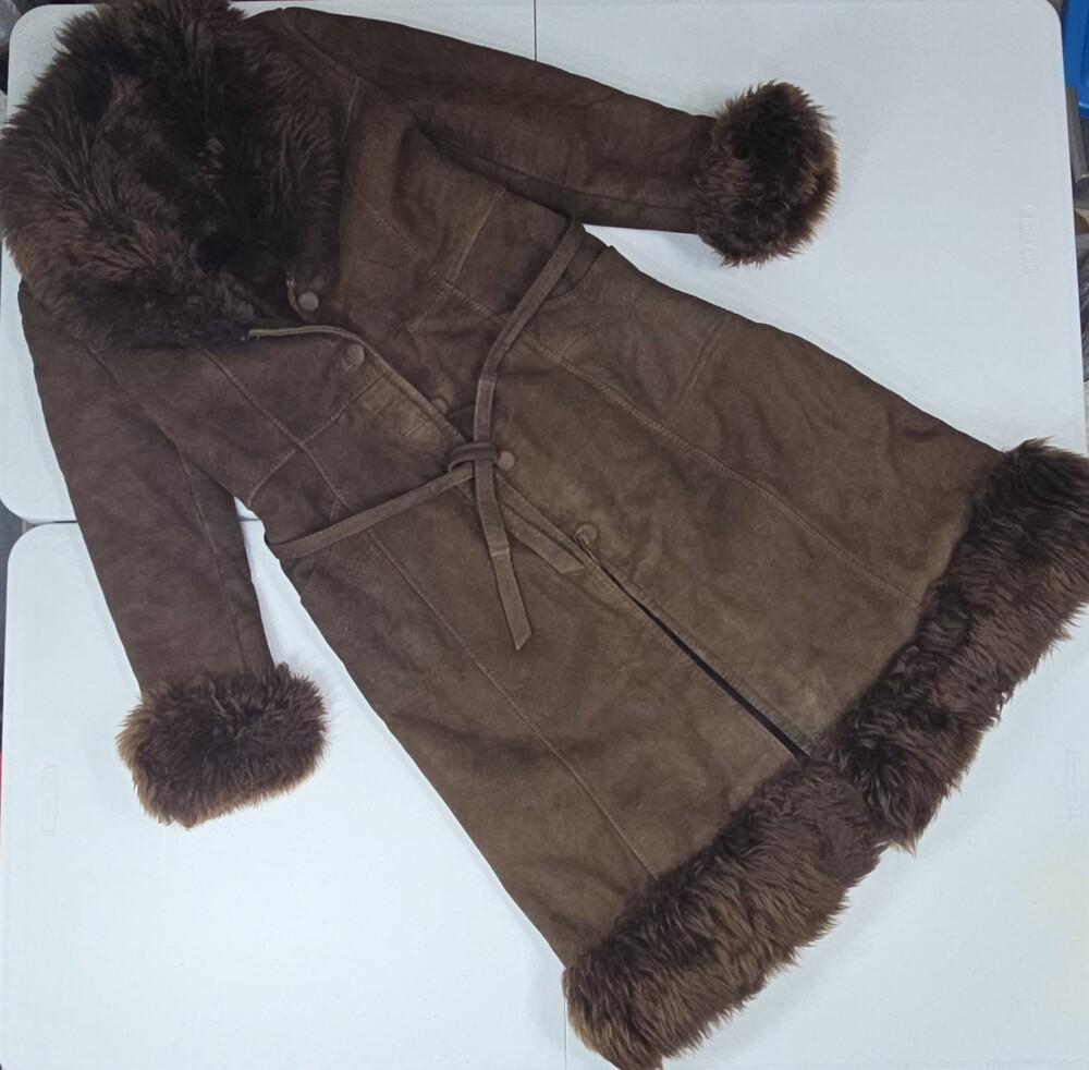 True Vintage Women M Brown Suede Penny Lane/Afghan Trench Coat Shearling Long